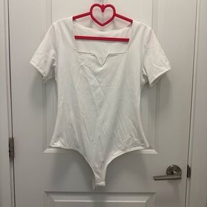 Women’s White Square-Neck Short Sleeve Bodysuit, Size L